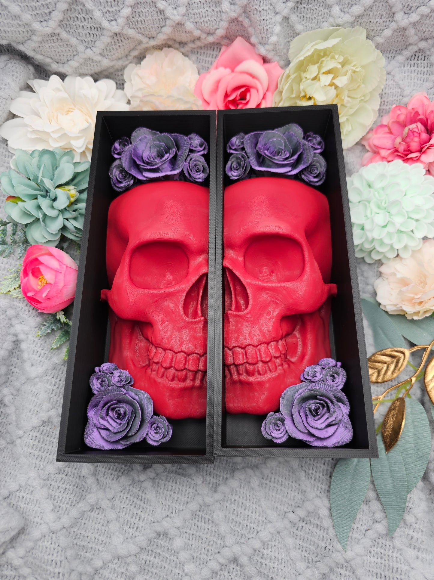 Book Nook Skull Red with Roses 8 Colors to Choose Set/Single | 3D Print | Bookend | Bookshelf Decoration