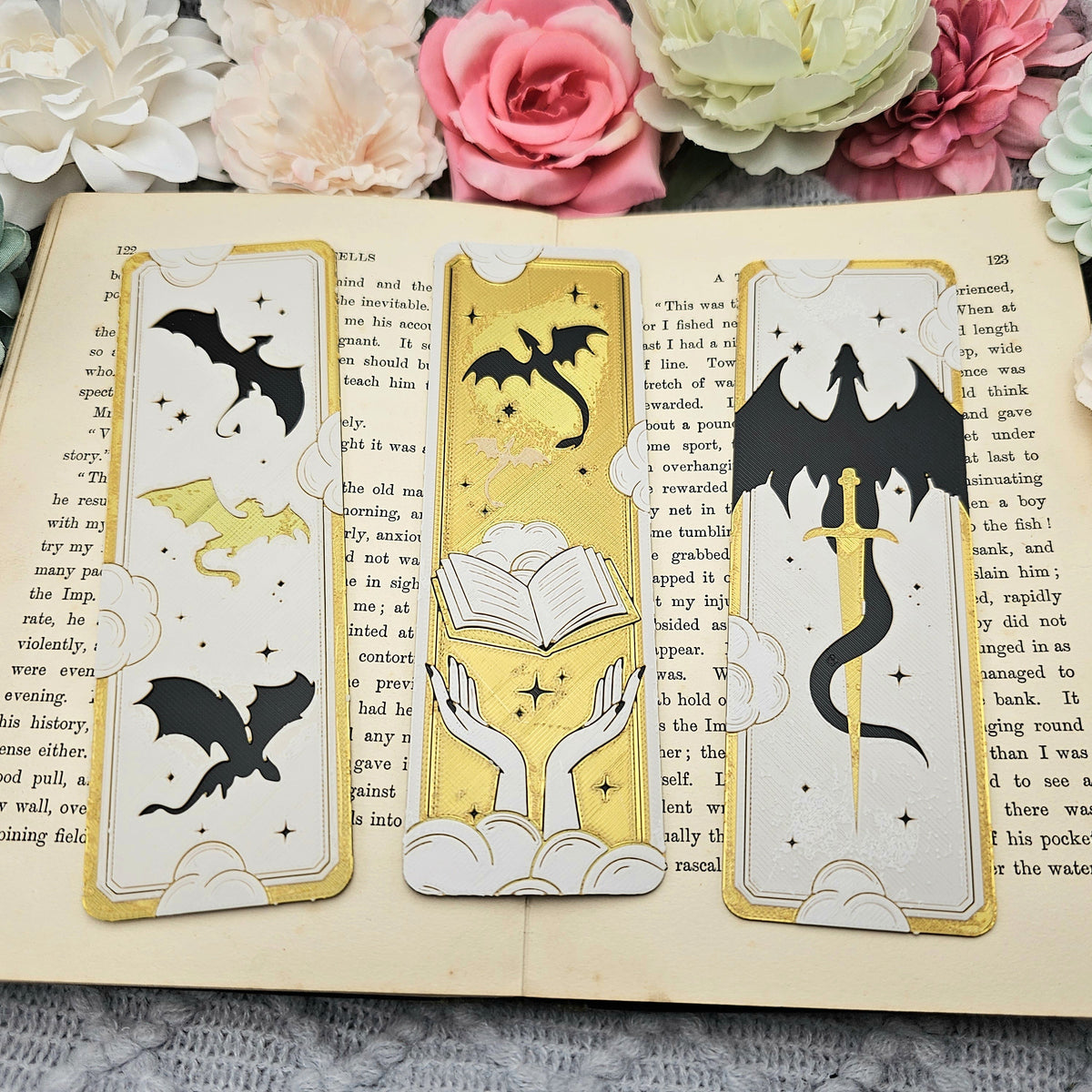Lesezeichen Drachen weiß/gold/schwarz | verschiedene Varianten