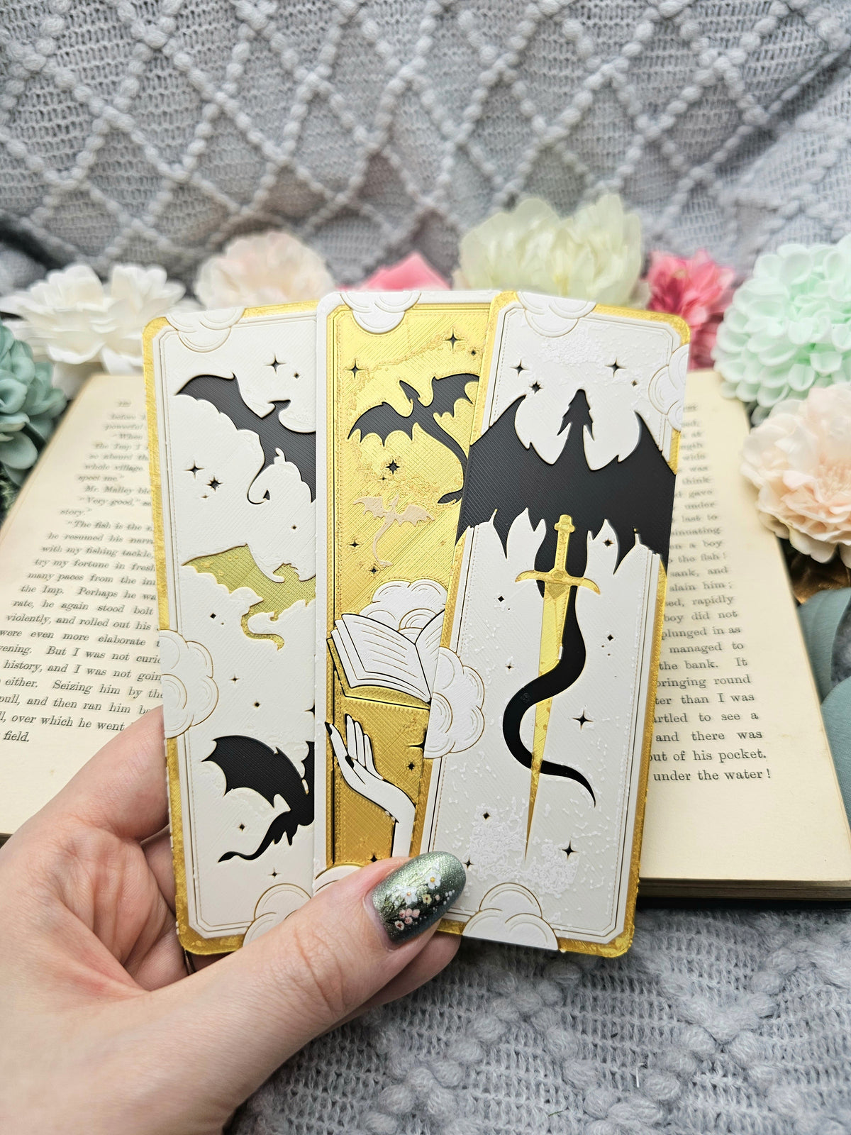 Lesezeichen Drachen weiß/gold/schwarz | verschiedene Varianten