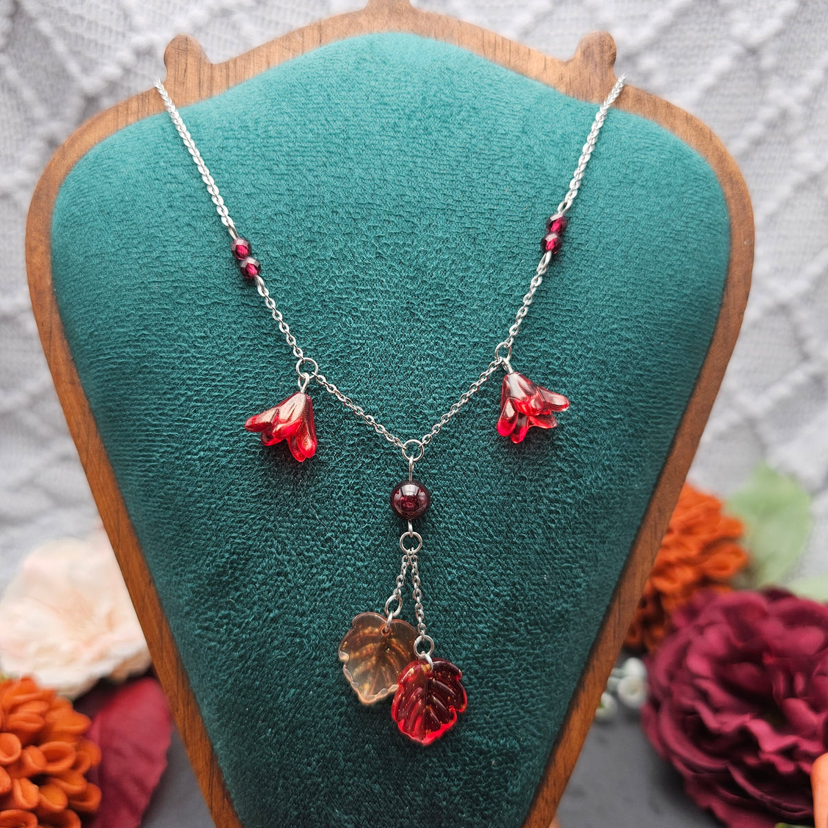 Halskette Floral Rot & Orange | Granat | Edelstahl