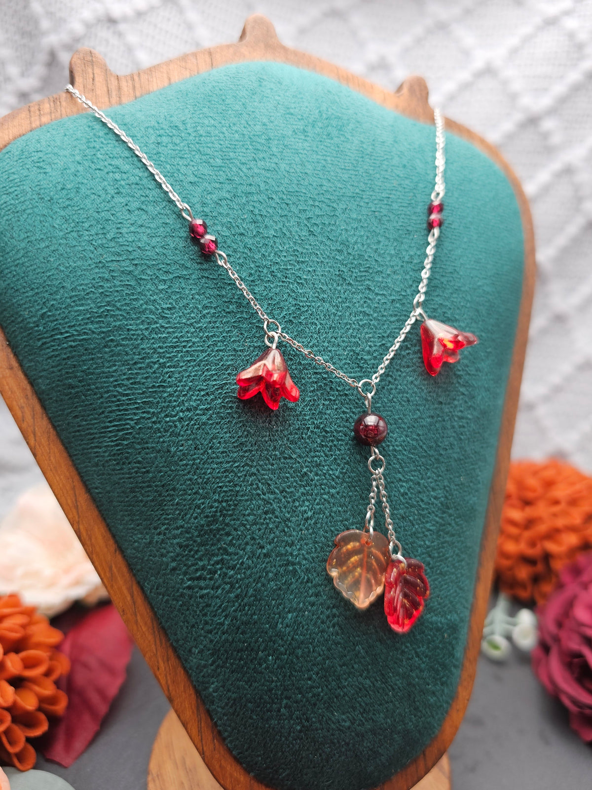 Halskette Floral Rot & Orange | Granat | Edelstahl