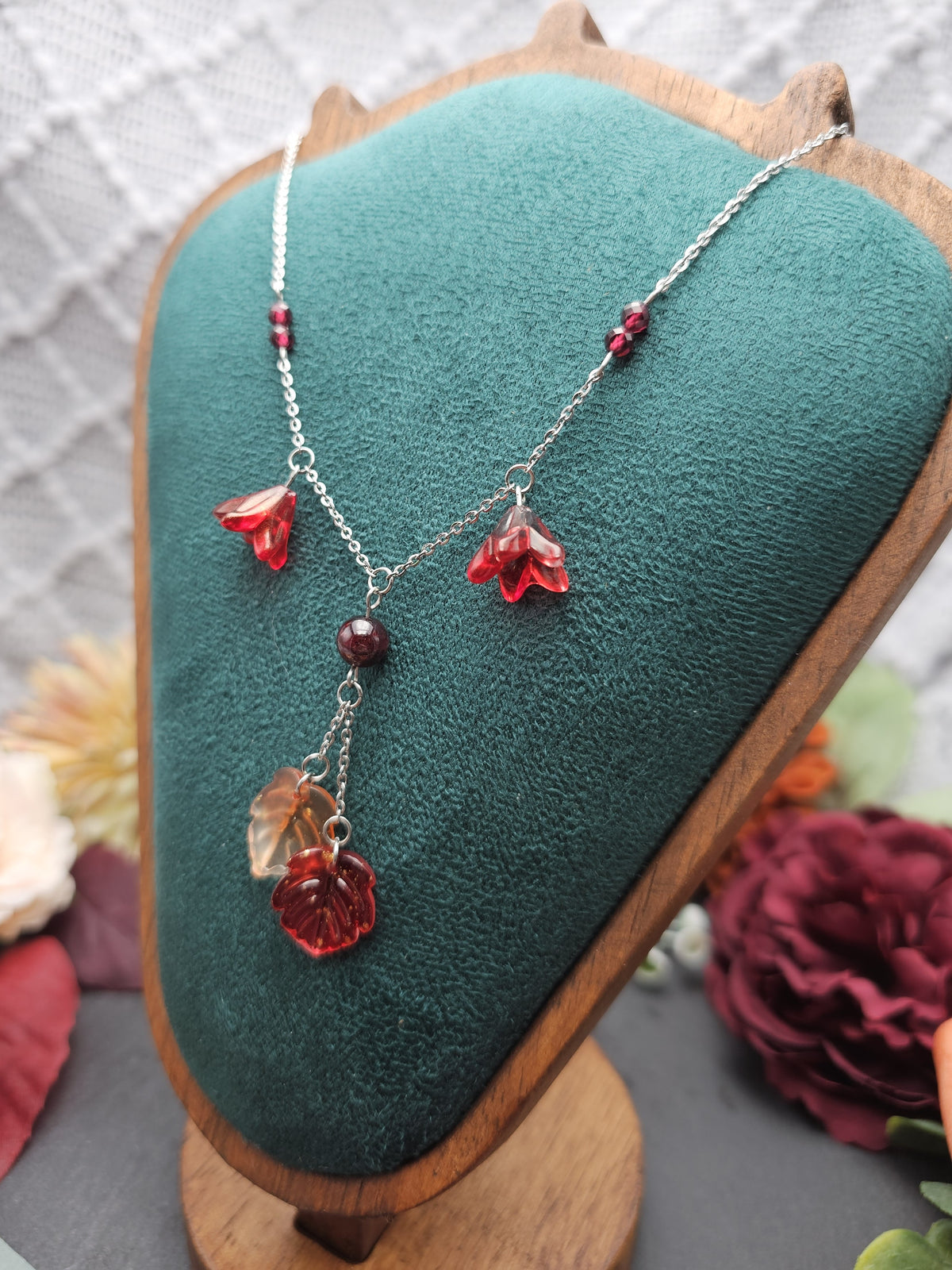 Halskette Floral Rot & Orange | Granat | Edelstahl