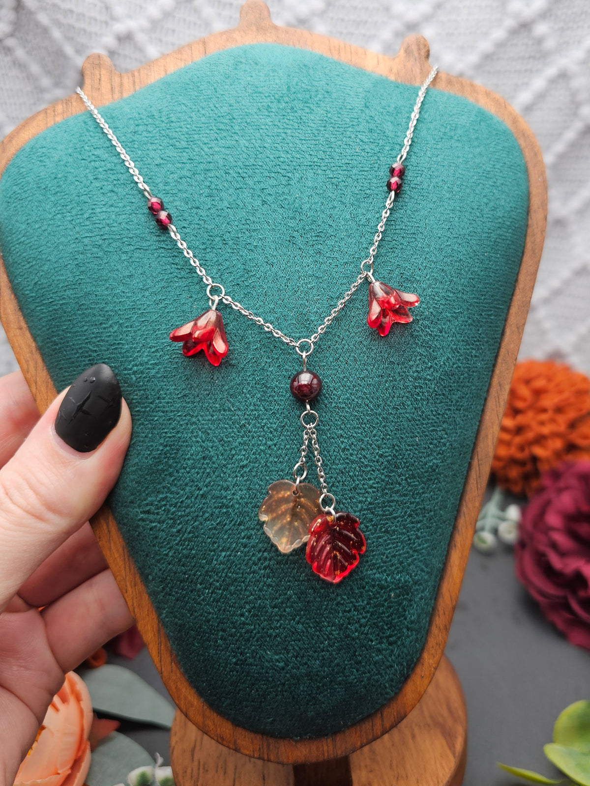 Halskette Floral Rot & Orange | Granat | Edelstahl
