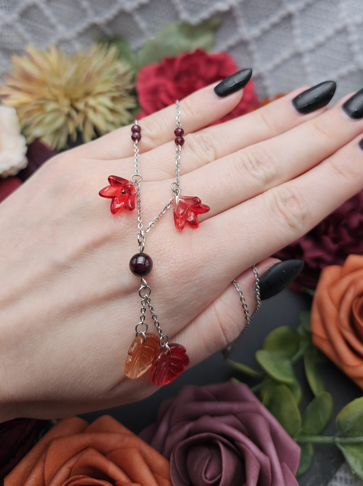Halskette Floral Rot & Orange | Granat | Edelstahl