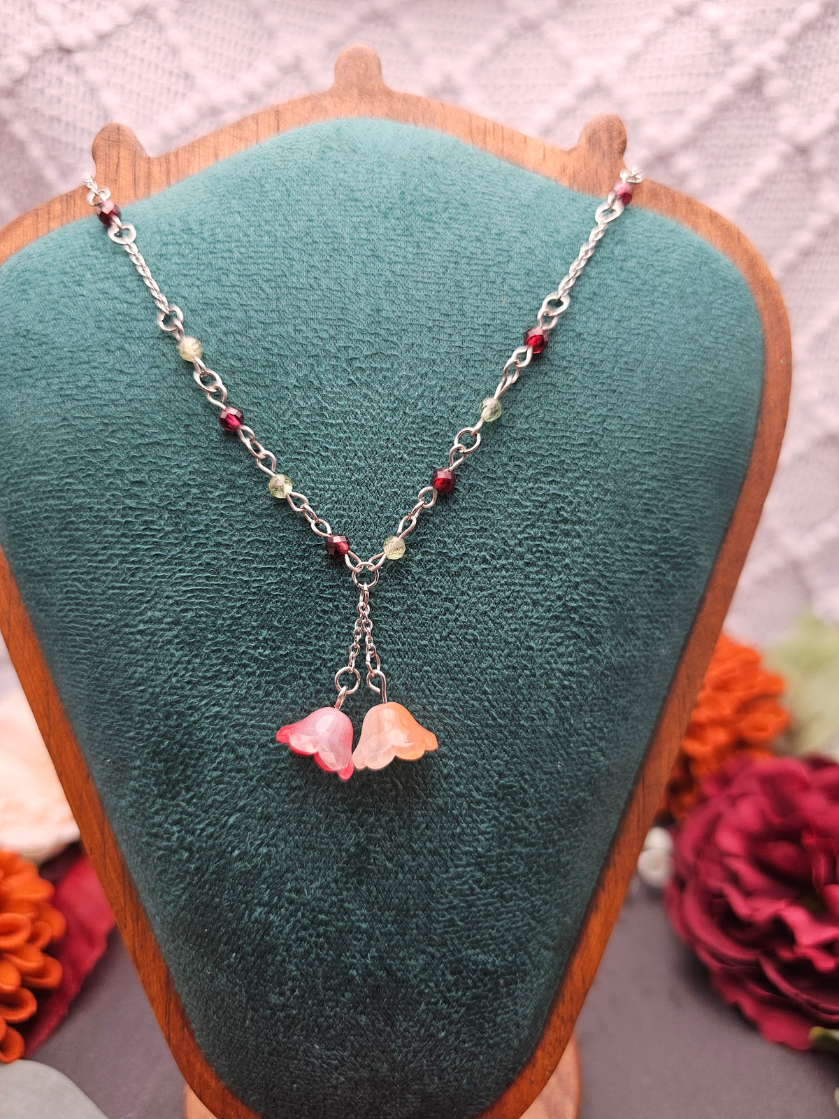 Halskette Floral Orange & Rot | Granat & Peridot | Edelstahl