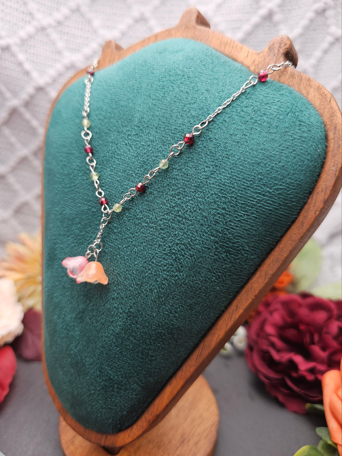 Halskette Floral Orange & Rot | Granat & Peridot | Edelstahl
