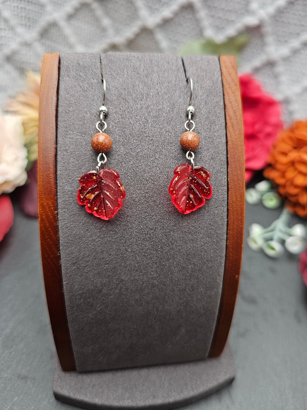 Ohrringe Blätter Rot | Sonnenstein | Edelstahl