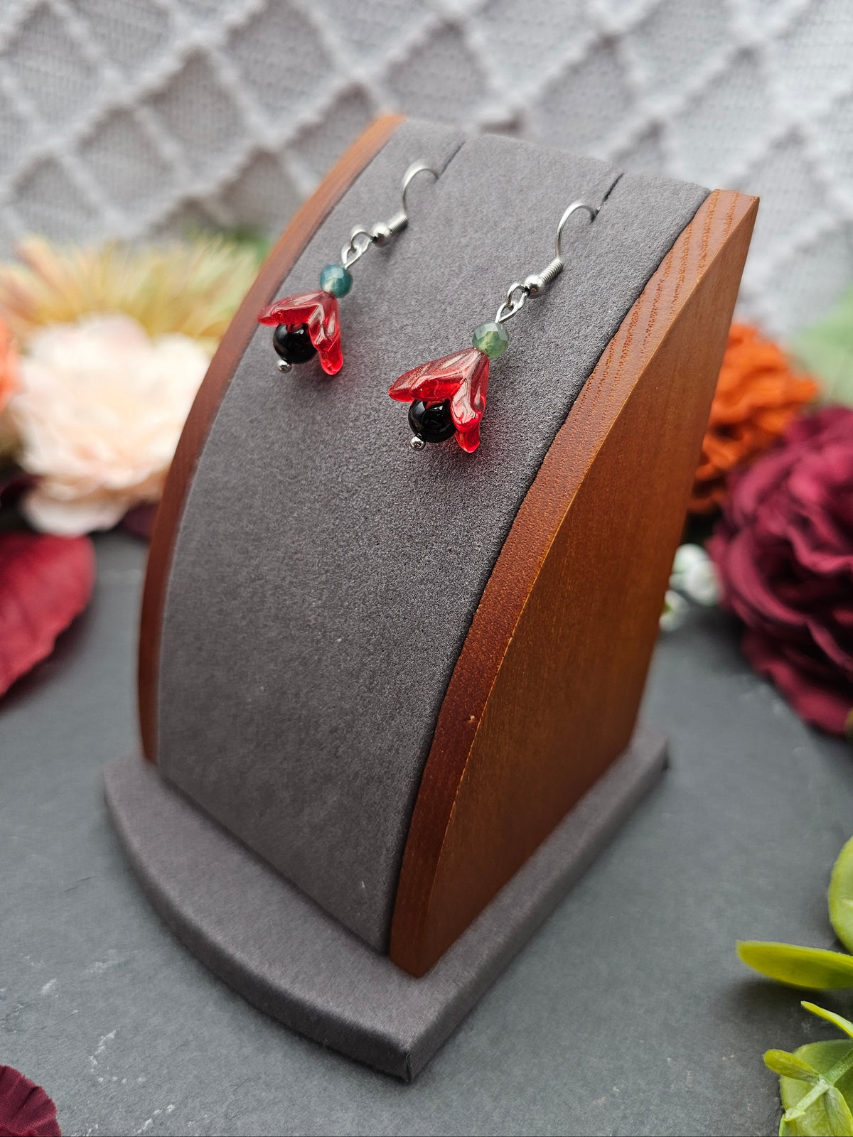 Ohrringe Floral Rot | Onyx & Moosachat | Edelstahl