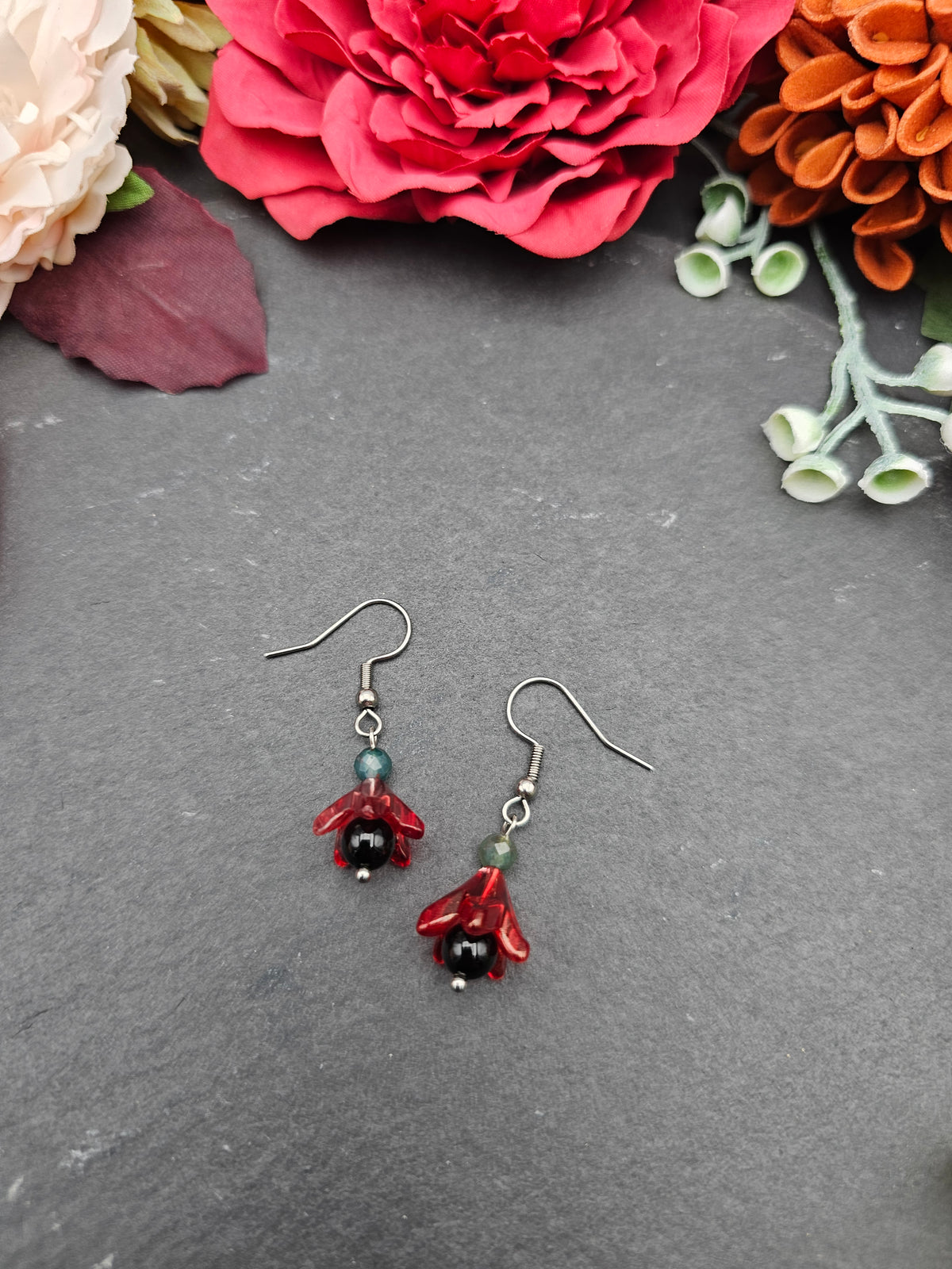 Ohrringe Floral Rot | Onyx & Moosachat | Edelstahl