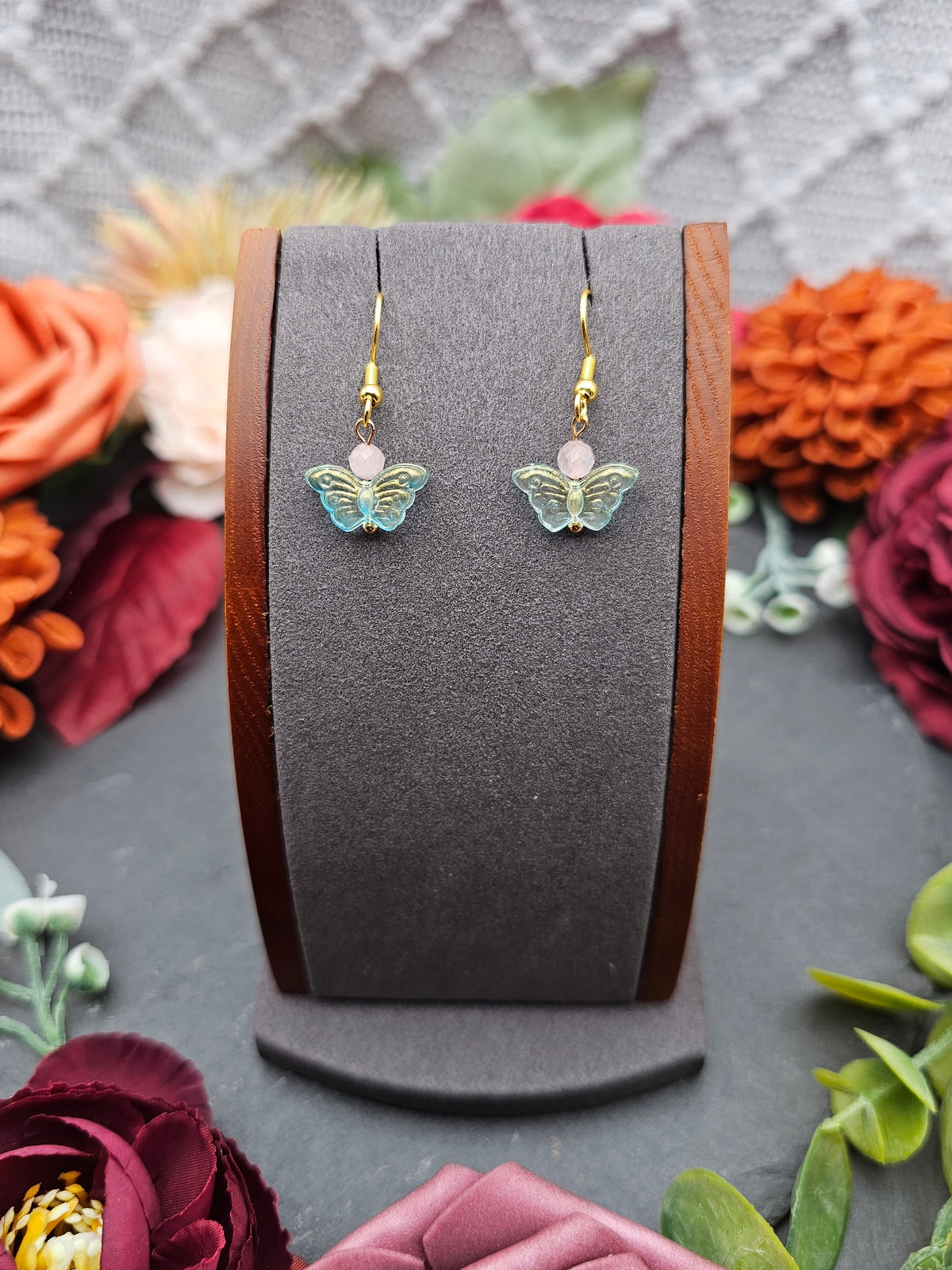 Ohrringe Schmetterling Mint | Rosaquarz | Edelstahl vergoldet
