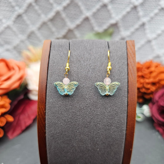 Ohrringe Schmetterling Mint | Rosaquarz | Edelstahl vergoldet