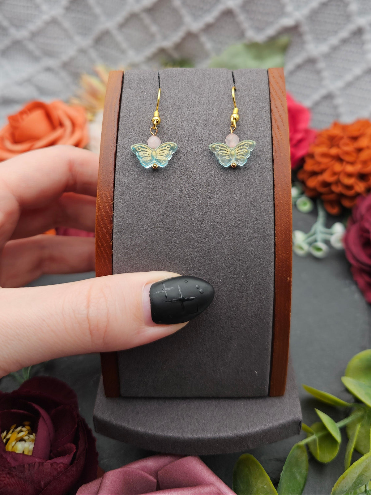 Ohrringe Schmetterling Mint | Rosaquarz | Edelstahl vergoldet