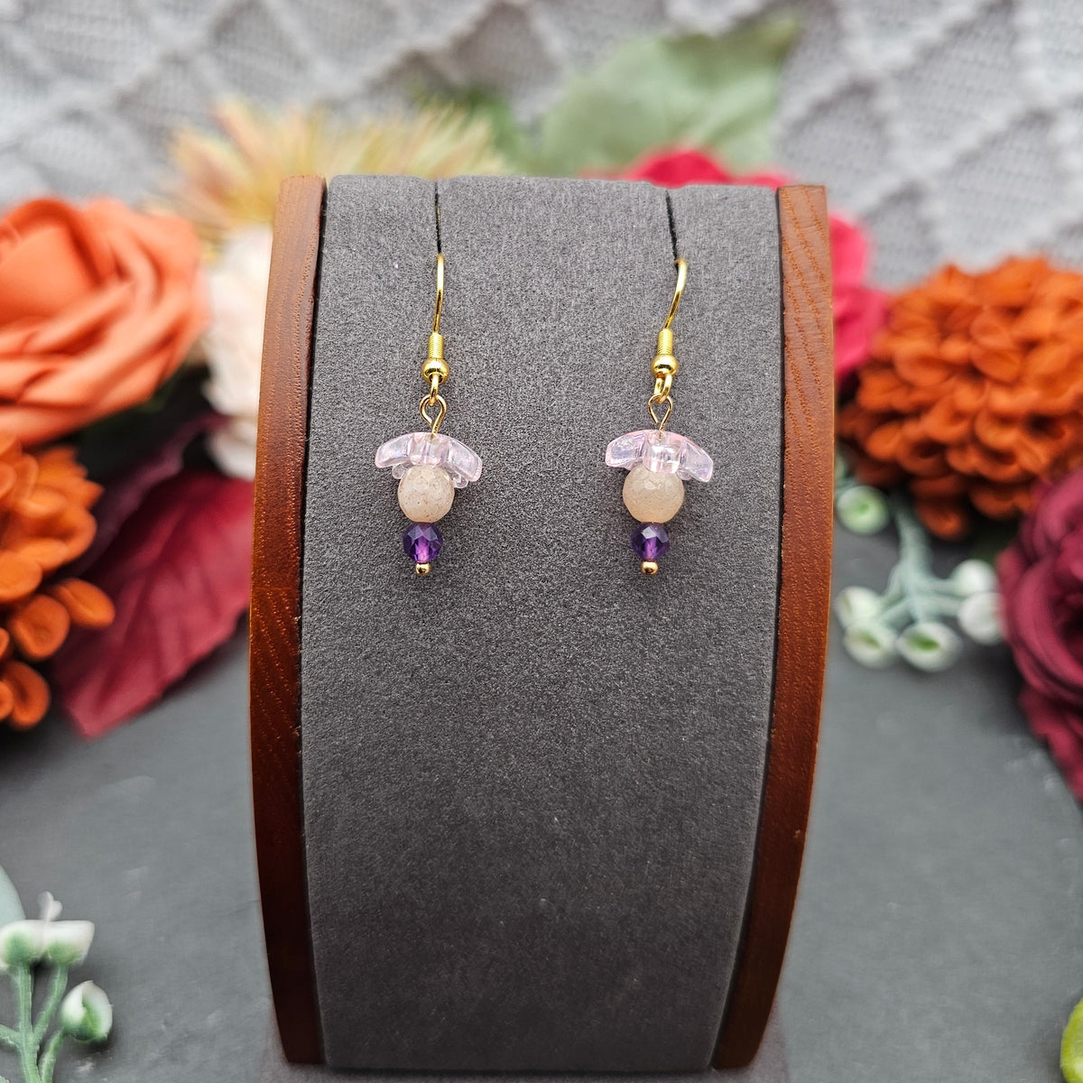 Ohrringe Sakura | Mondstein & Amethyst | Edelstahl vergoldet