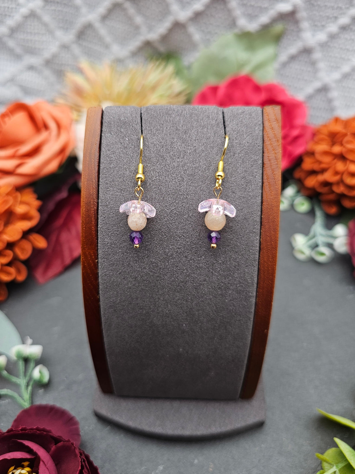 Ohrringe Sakura | Mondstein & Amethyst | Edelstahl vergoldet