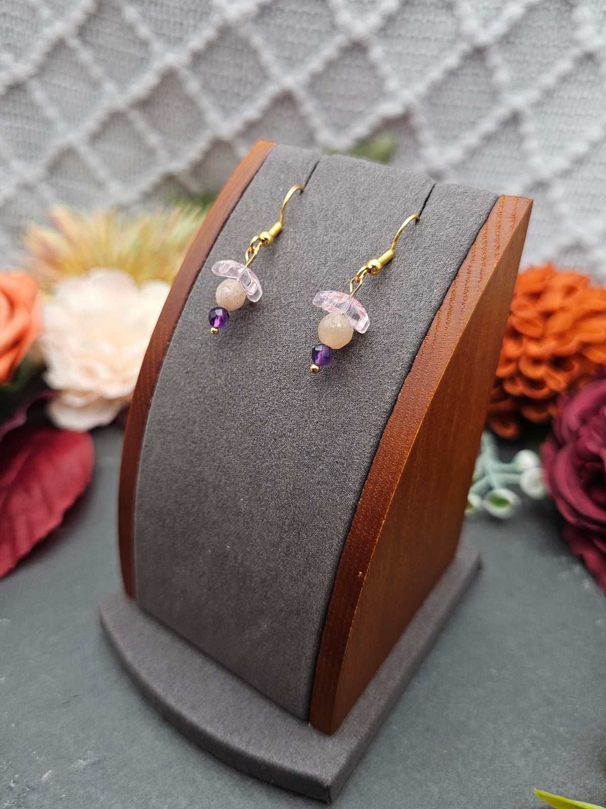 Ohrringe Sakura | Mondstein & Amethyst | Edelstahl vergoldet