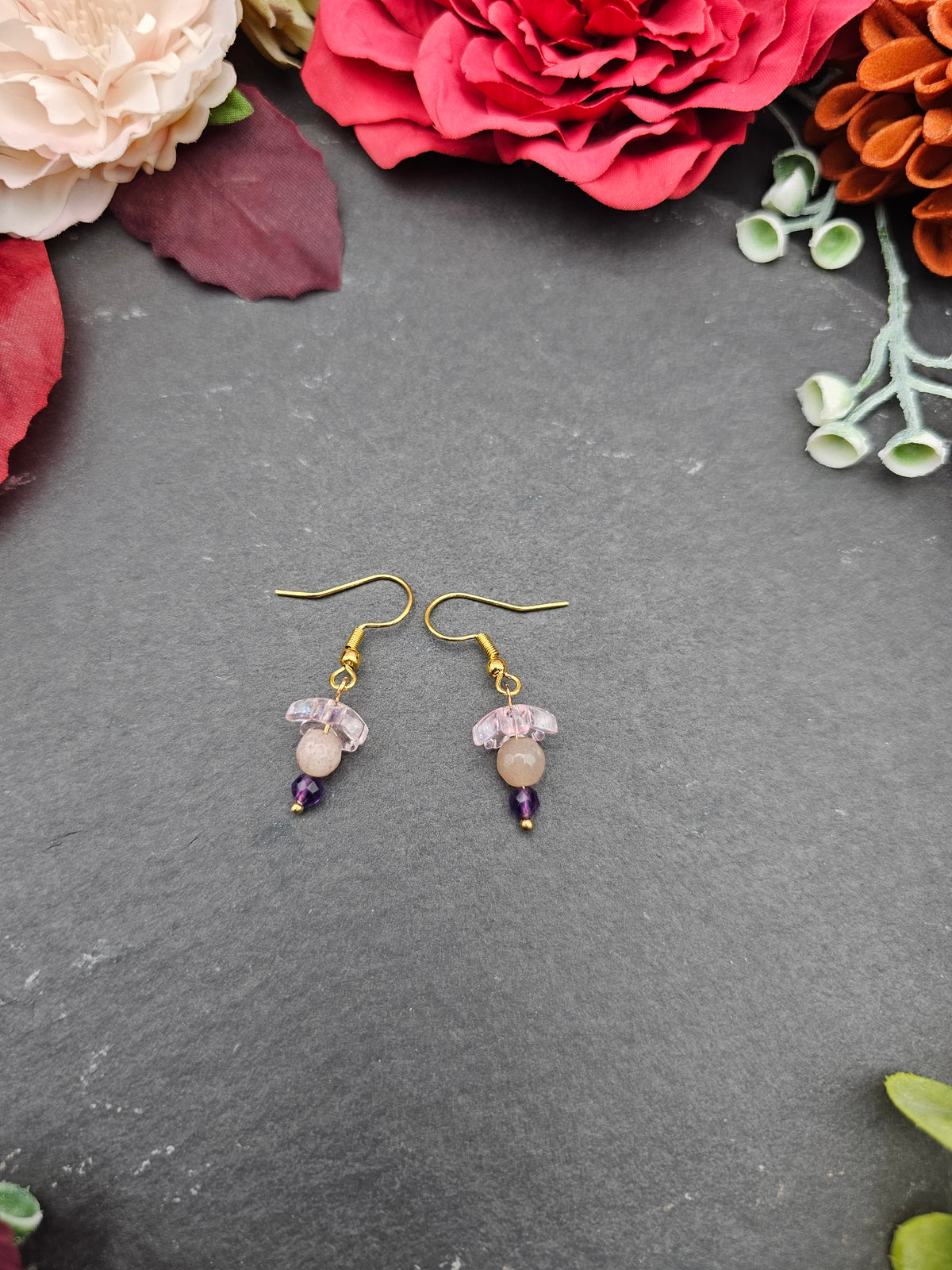 Ohrringe Sakura | Mondstein & Amethyst | Edelstahl vergoldet