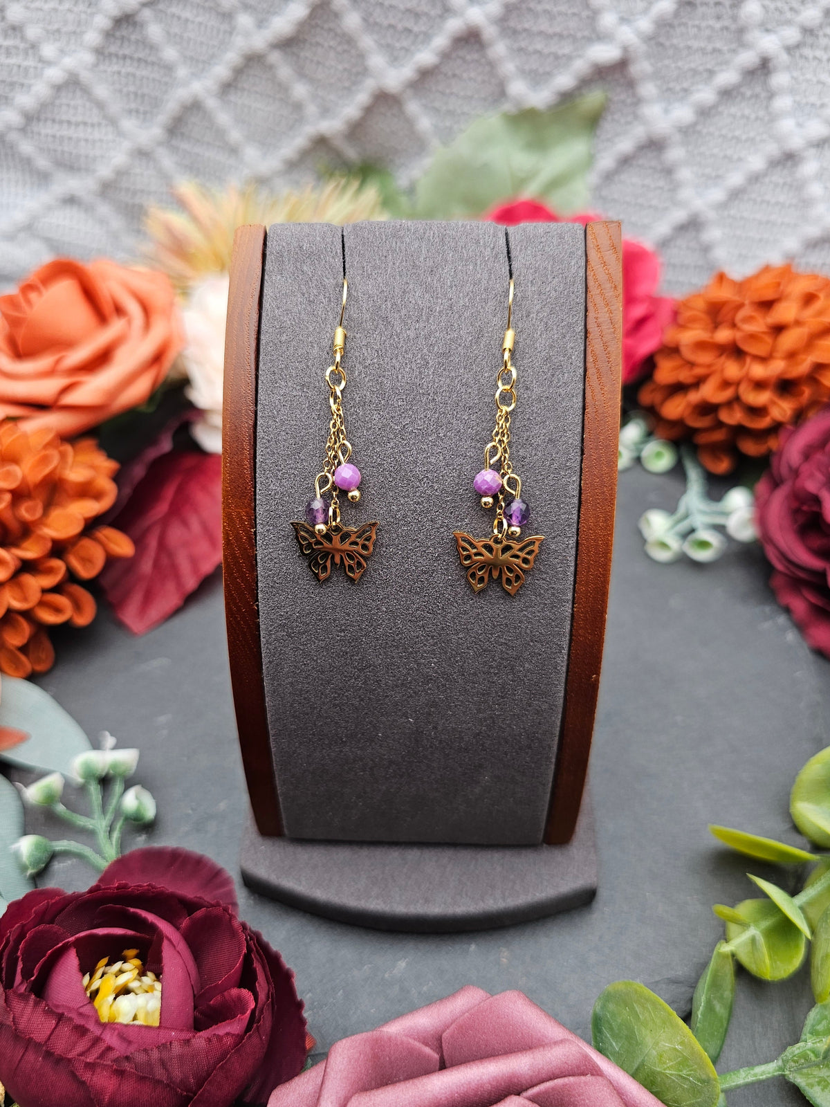 Ohrringe Schmetterlinge | Amethyst & Lepidolith | Edelstahl vergoldet