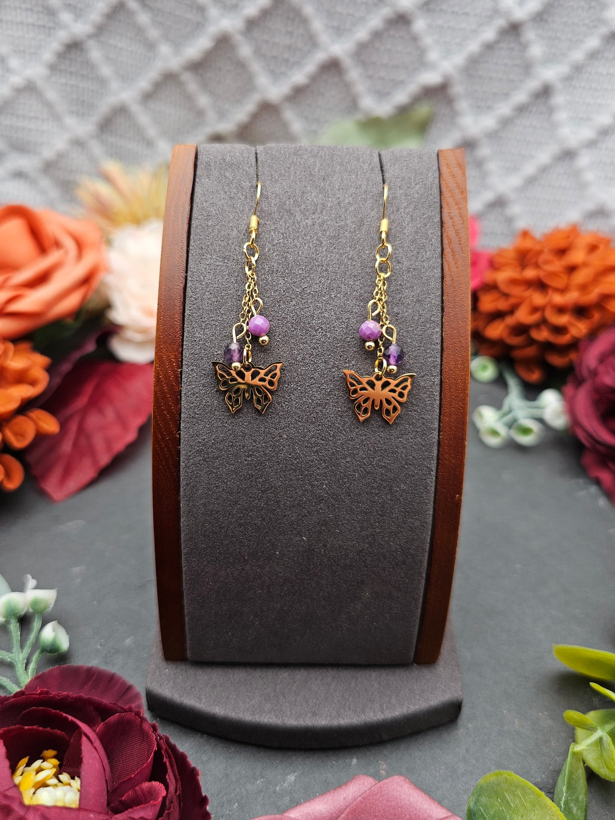 Ohrringe Schmetterlinge | Amethyst & Lepidolith | Edelstahl vergoldet