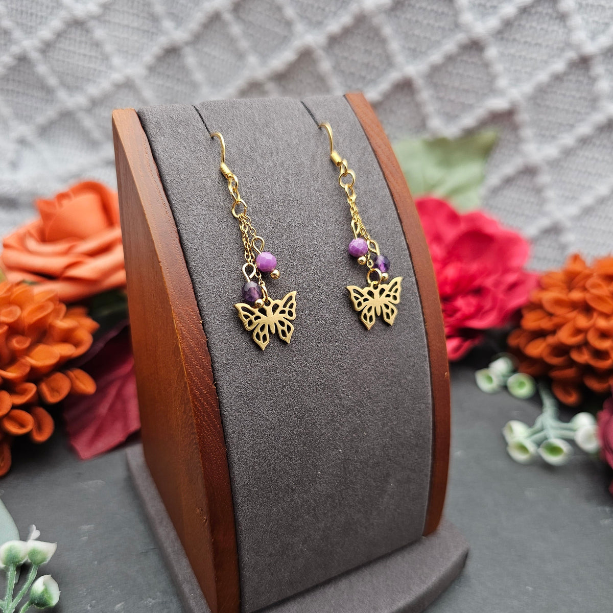 Ohrringe Schmetterlinge | Amethyst & Lepidolith | Edelstahl vergoldet
