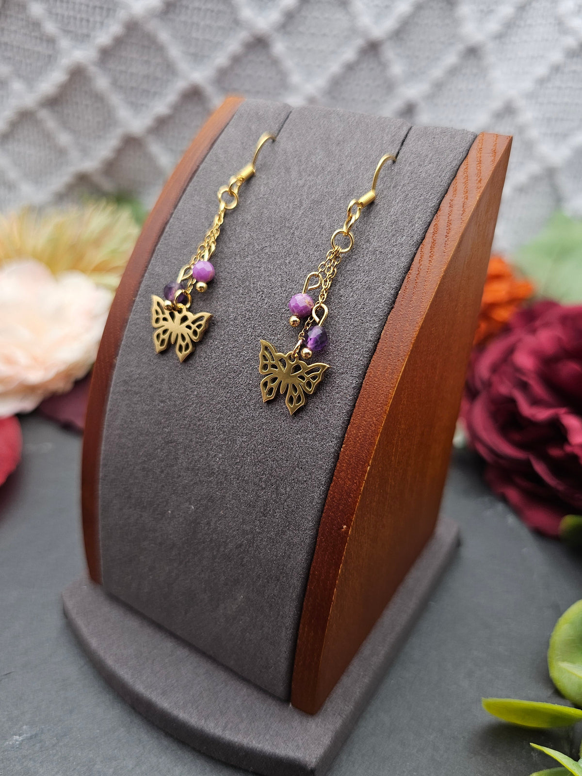 Ohrringe Schmetterlinge | Amethyst & Lepidolith | Edelstahl vergoldet
