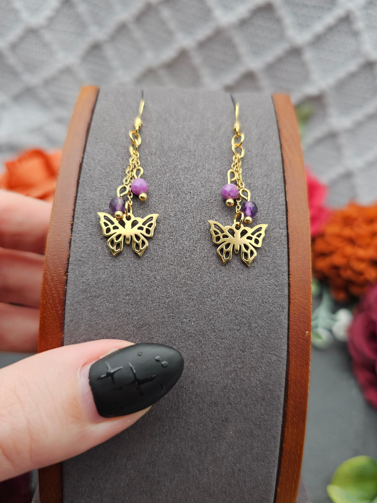 Ohrringe Schmetterlinge | Amethyst & Lepidolith | Edelstahl vergoldet