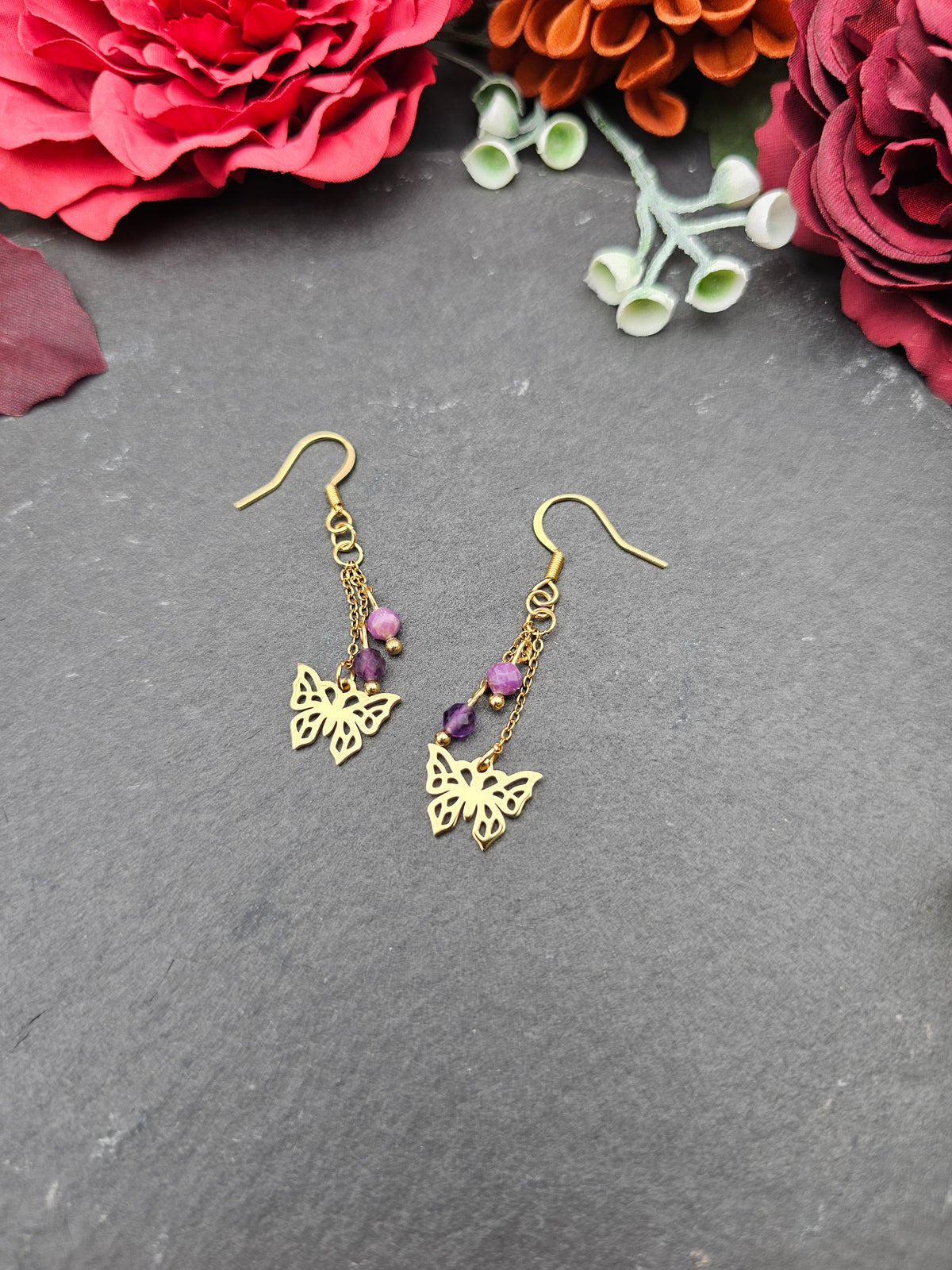 Ohrringe Schmetterlinge | Amethyst & Lepidolith | Edelstahl vergoldet