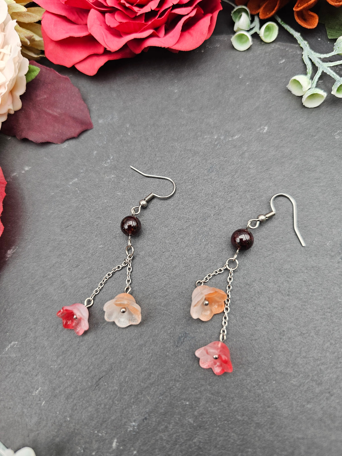 Ohrringe Floral Rot & Orange | Granat | Edelstahl