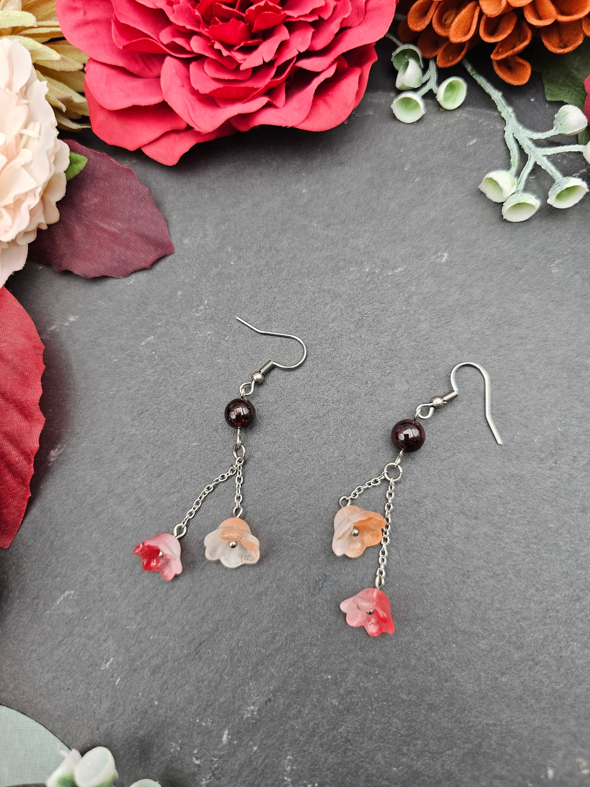 Ohrringe Floral Rot & Orange | Granat | Edelstahl