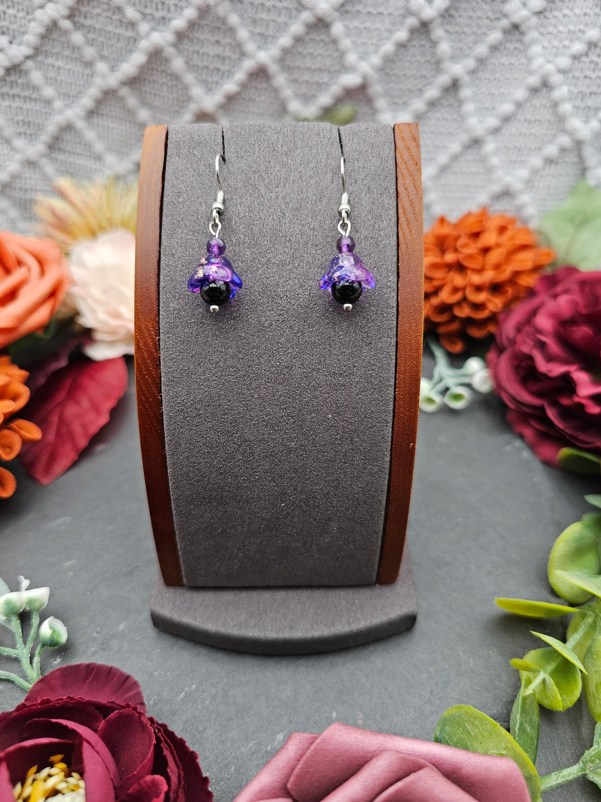 Ohrringe Floral Lila | Onyx & Amethyst | Edelstahl