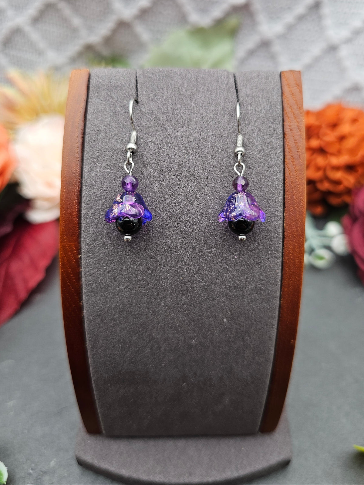 Ohrringe Floral Lila | Onyx & Amethyst | Edelstahl