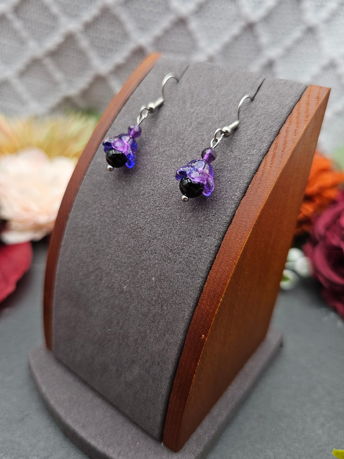 Ohrringe Floral Lila | Onyx & Amethyst | Edelstahl
