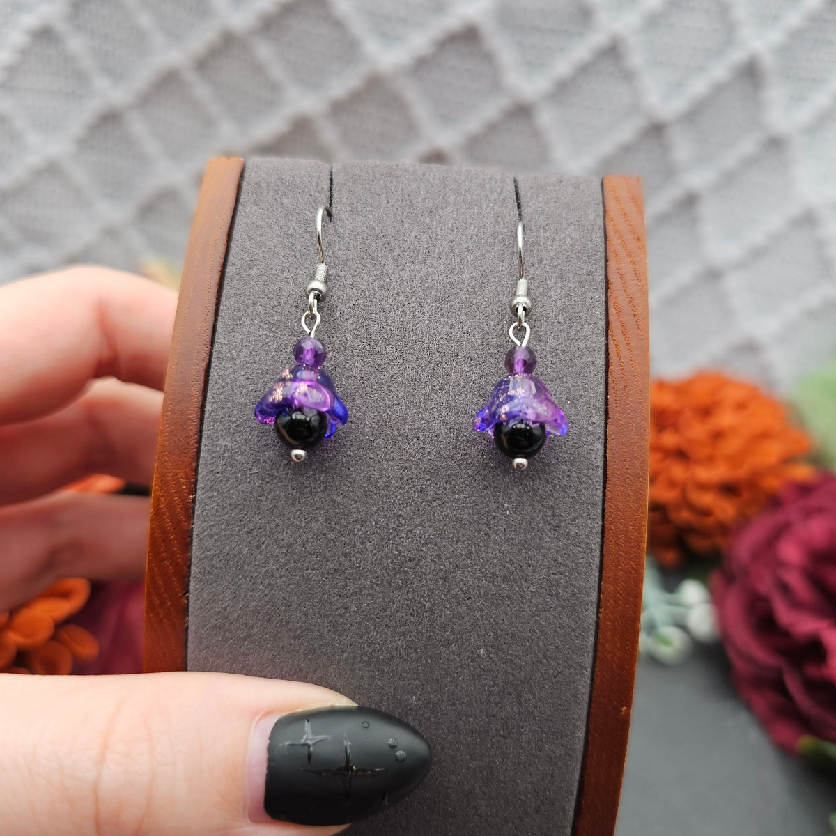 Ohrringe Floral Lila | Onyx & Amethyst | Edelstahl