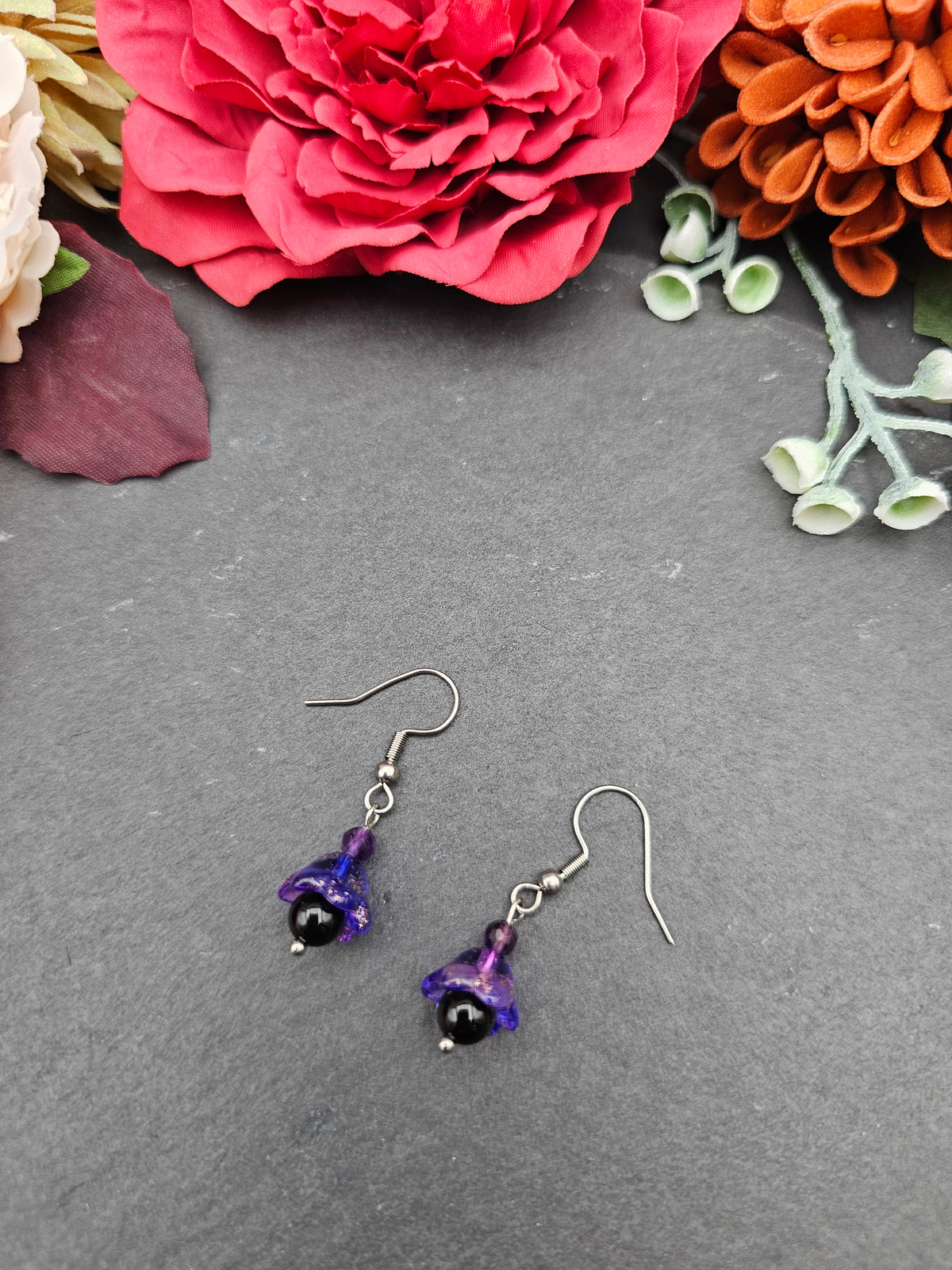 Ohrringe Floral Lila | Onyx & Amethyst | Edelstahl