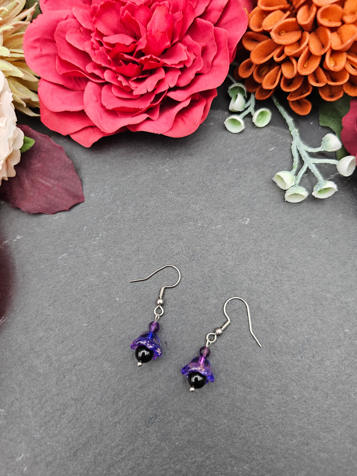Ohrringe Floral Lila | Onyx & Amethyst | Edelstahl