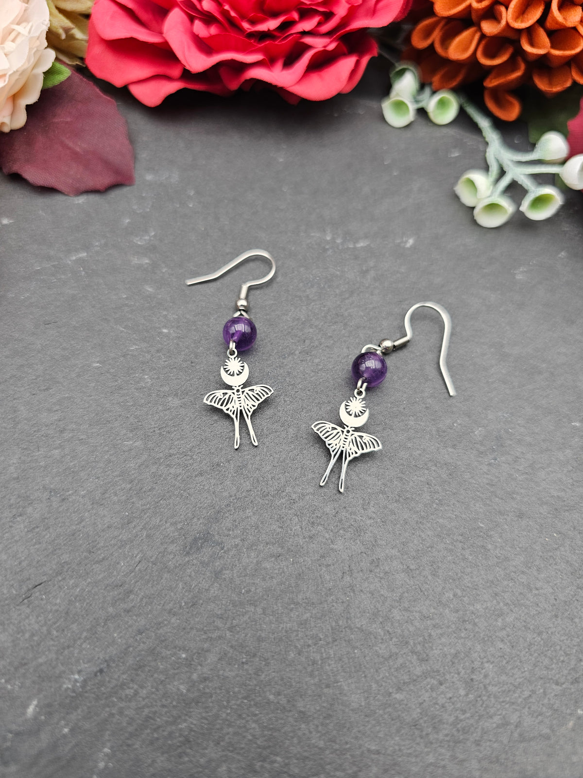 Ohrringe Mondfalter | Amethyst | Edelstahl