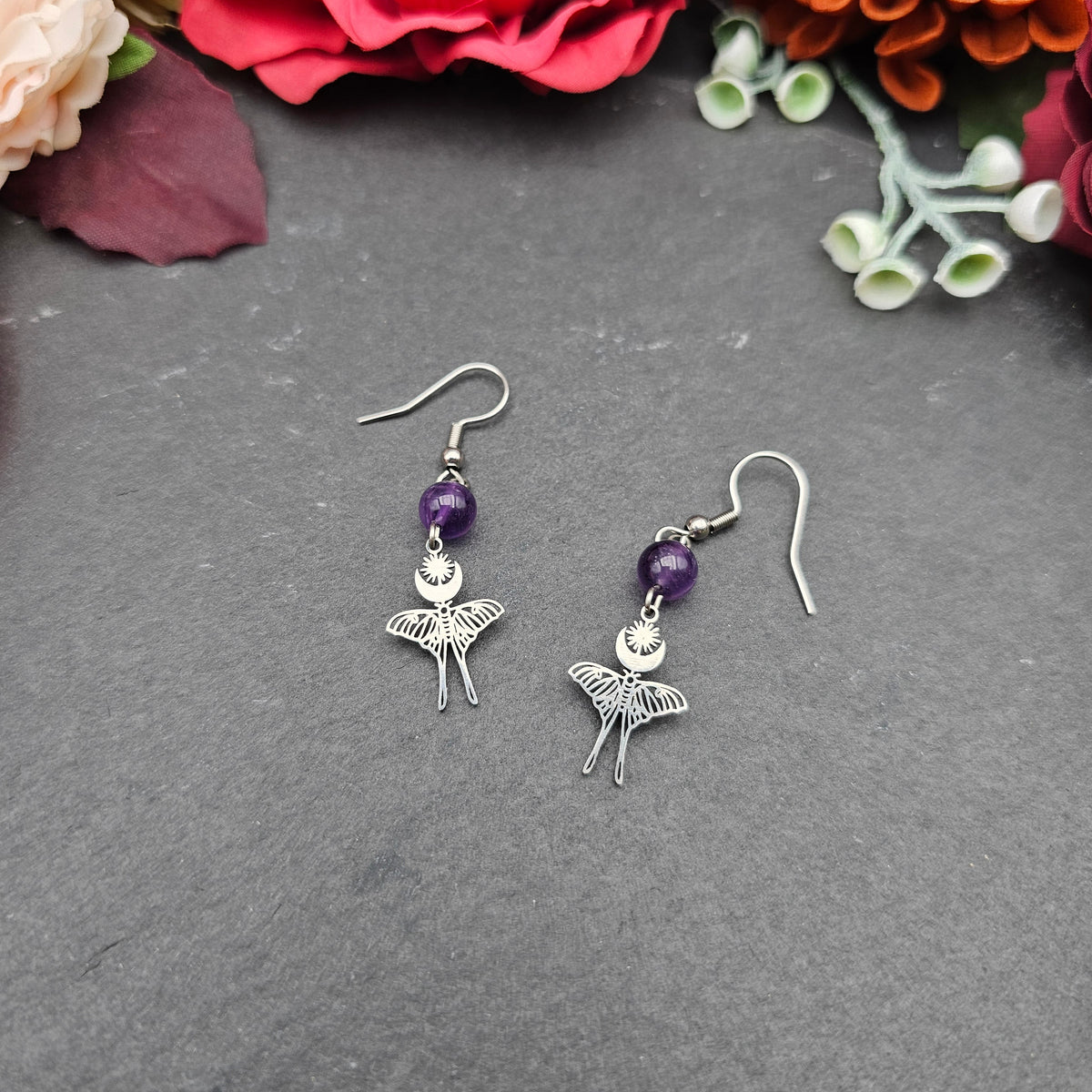 Ohrringe Mondfalter | Amethyst | Edelstahl