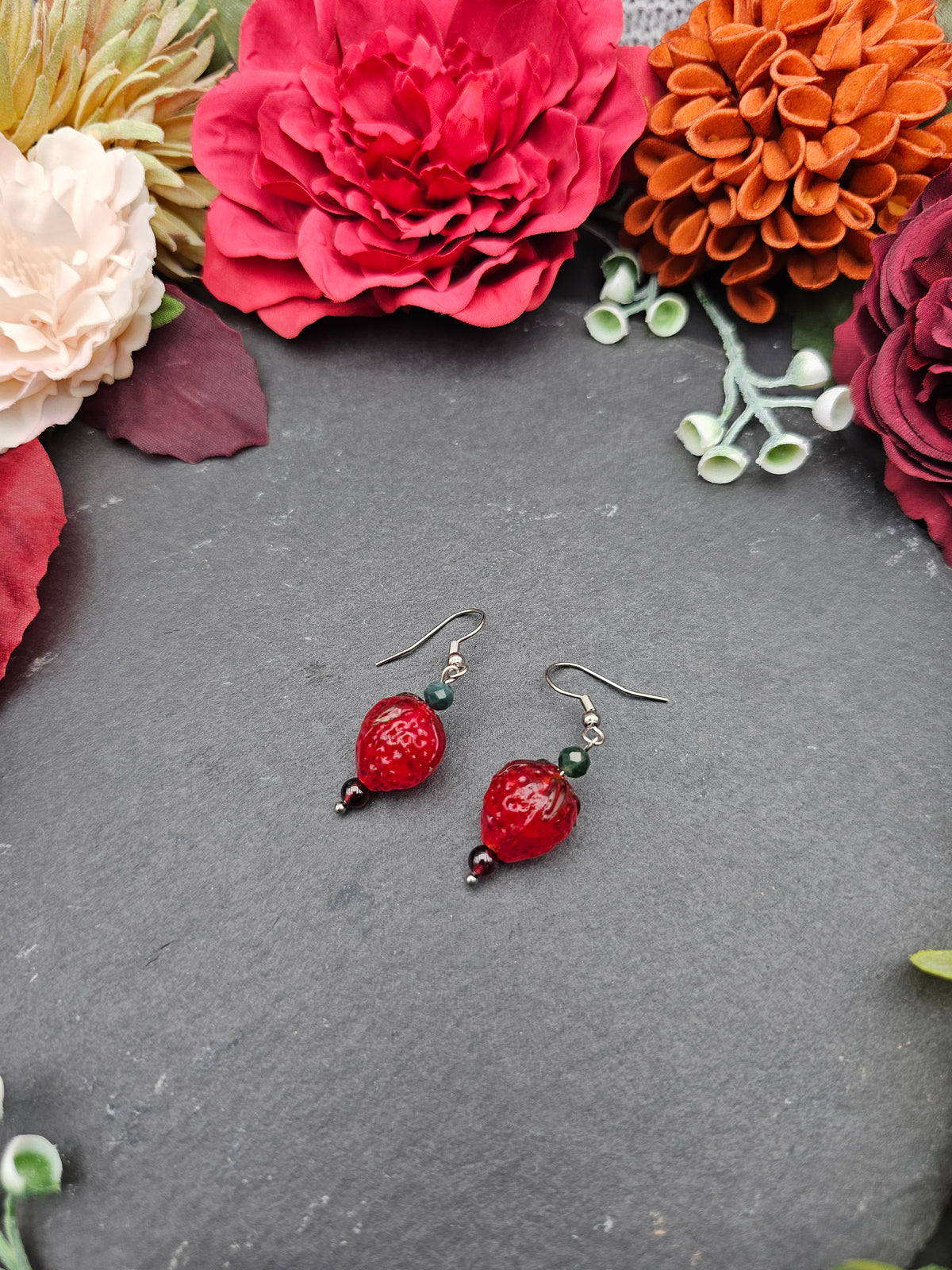 Ohrringe Erdbeeren | Moosachat & Granat | Edelstahl