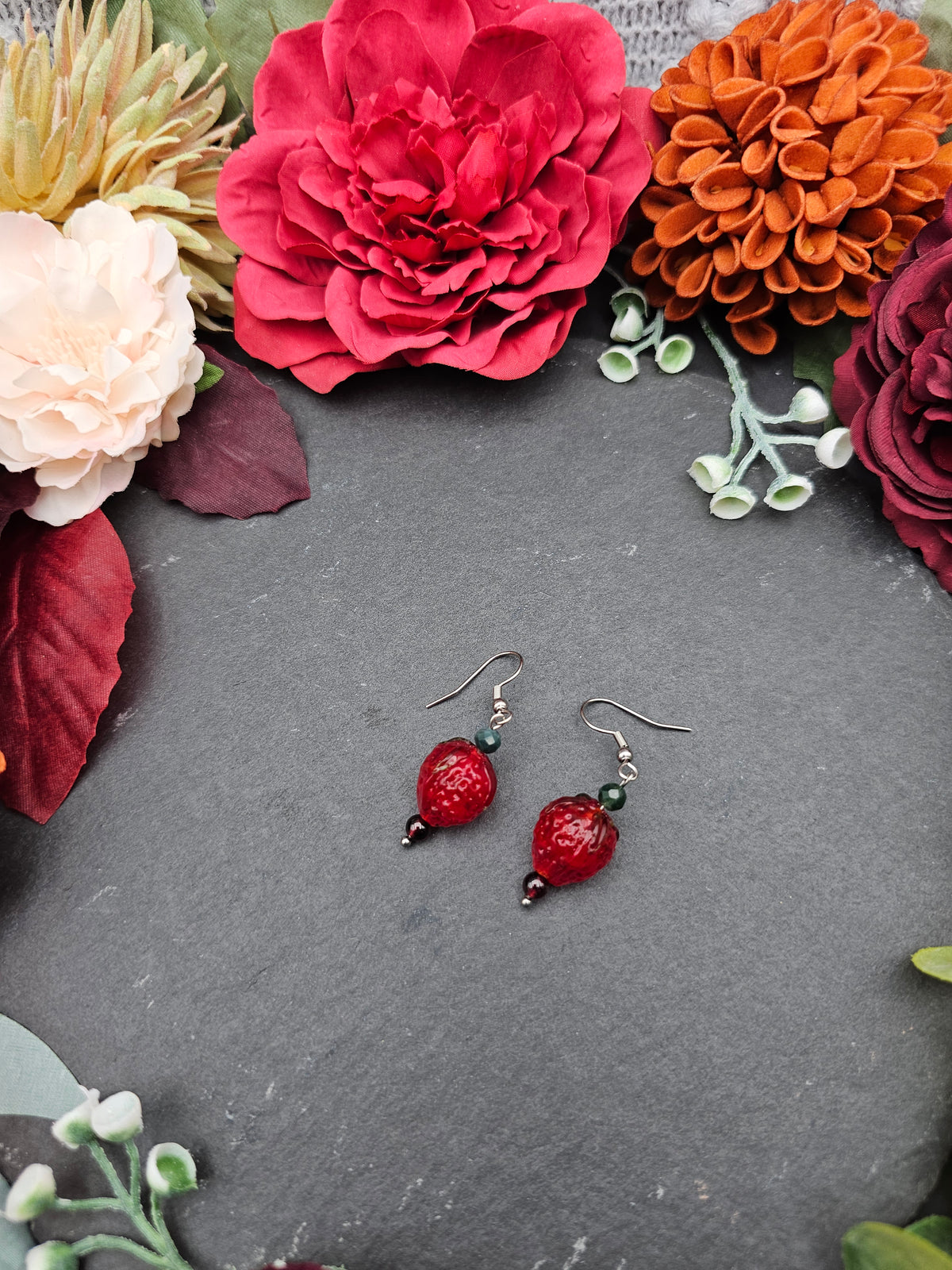 Ohrringe Erdbeeren | Moosachat & Granat | Edelstahl