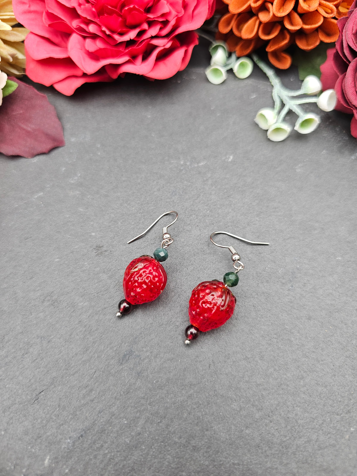 Ohrringe Erdbeeren | Moosachat & Granat | Edelstahl