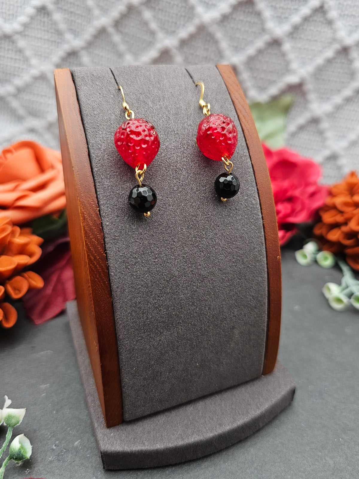 Ohrringe Erdbeeren | Onyx | Edelstahl vergoldet