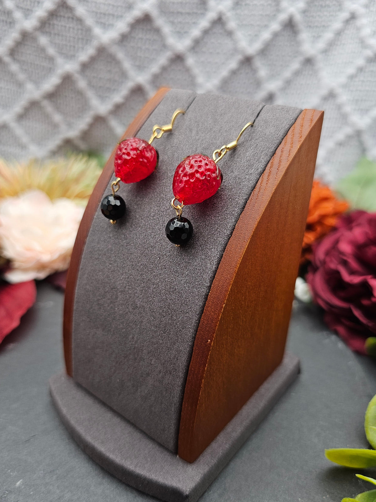 Ohrringe Erdbeeren | Onyx | Edelstahl vergoldet