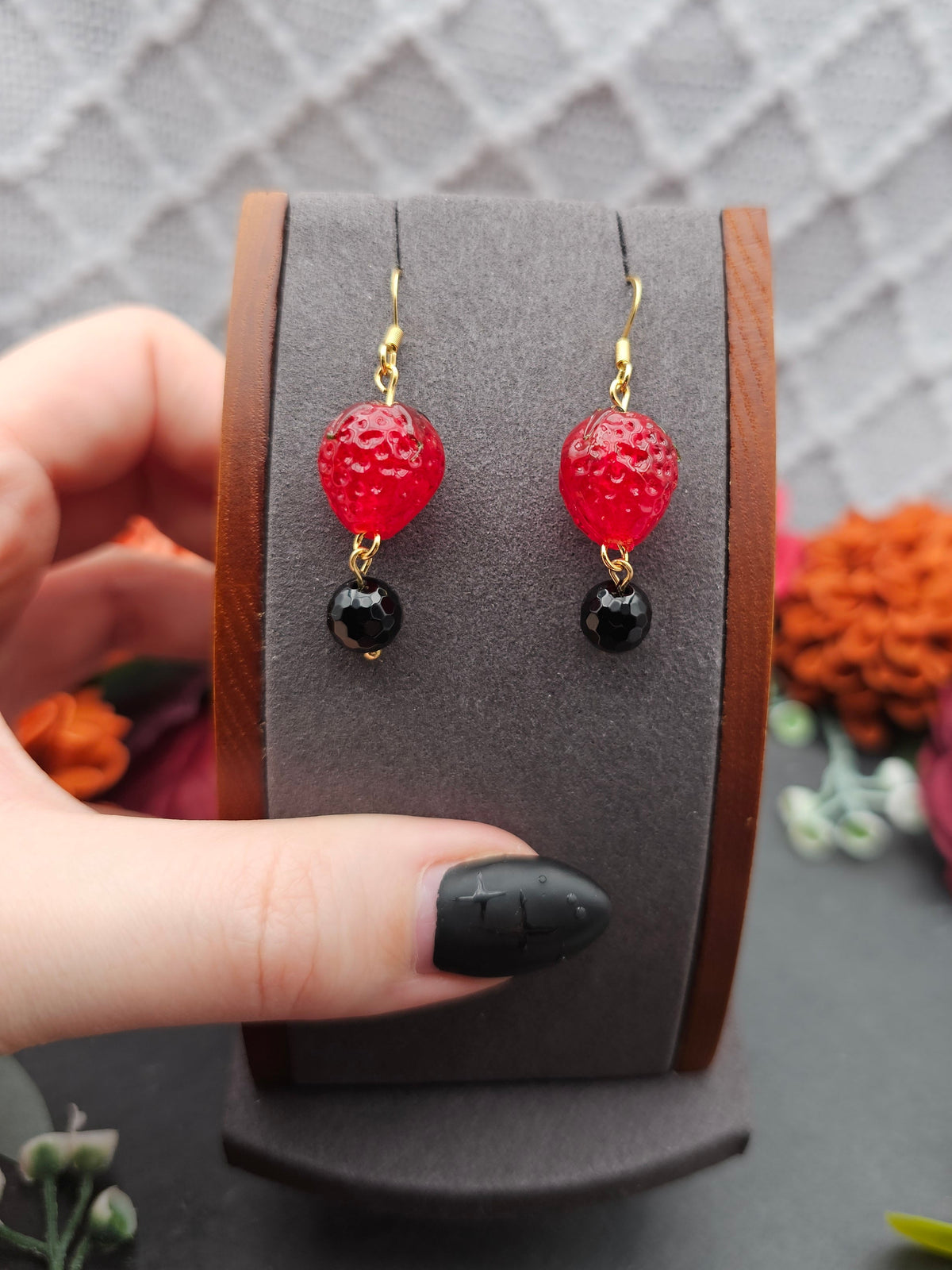 Ohrringe Erdbeeren | Onyx | Edelstahl vergoldet