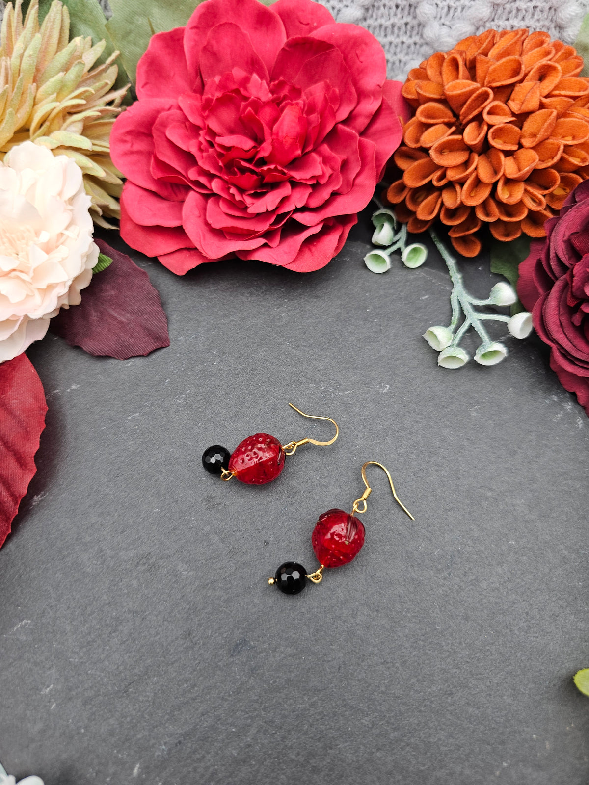 Ohrringe Erdbeeren | Onyx | Edelstahl vergoldet