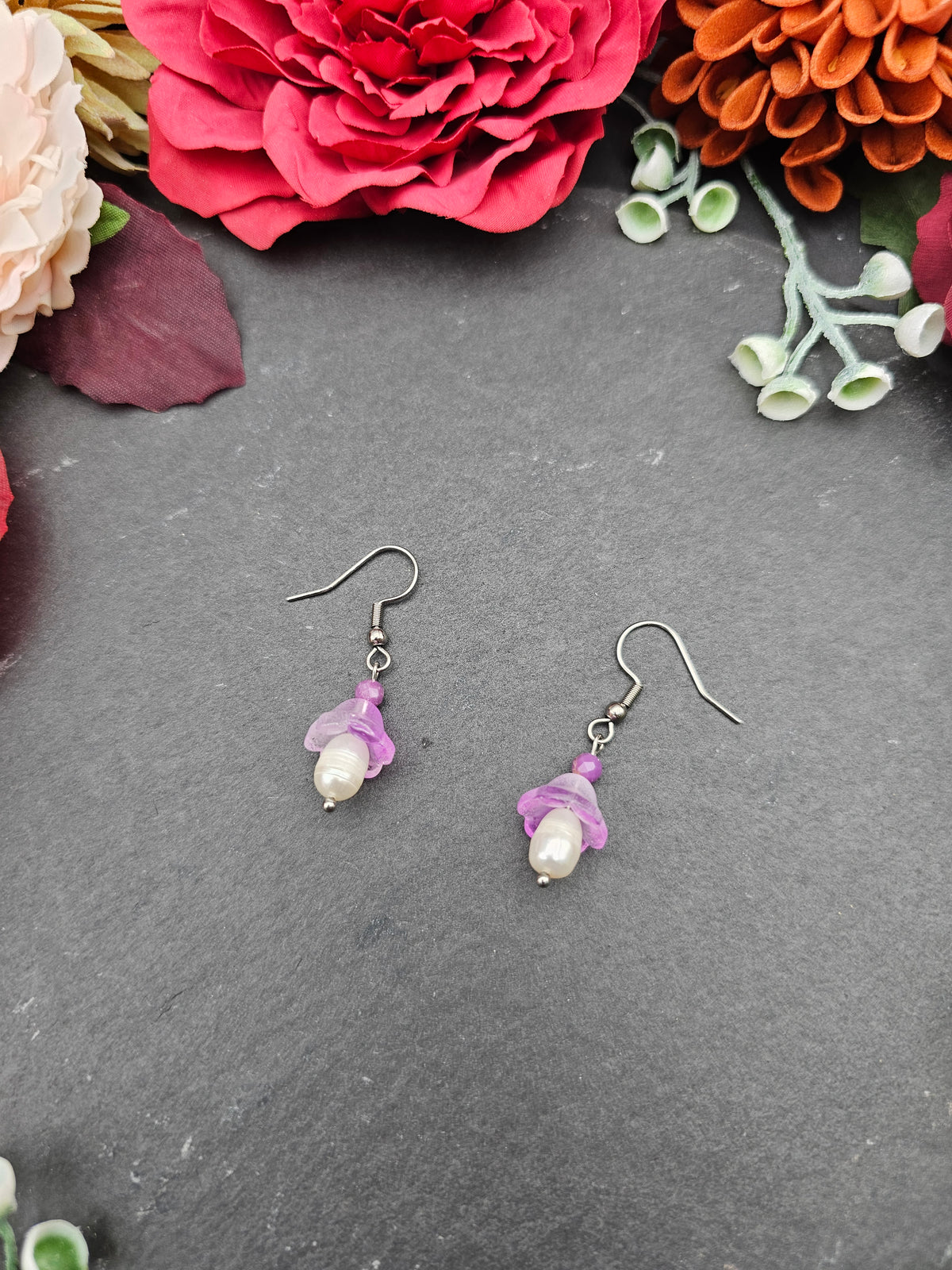 Ohrringe Floral Rosa | Süßwasserzuchtperle & Lepidolith | Edelstahl