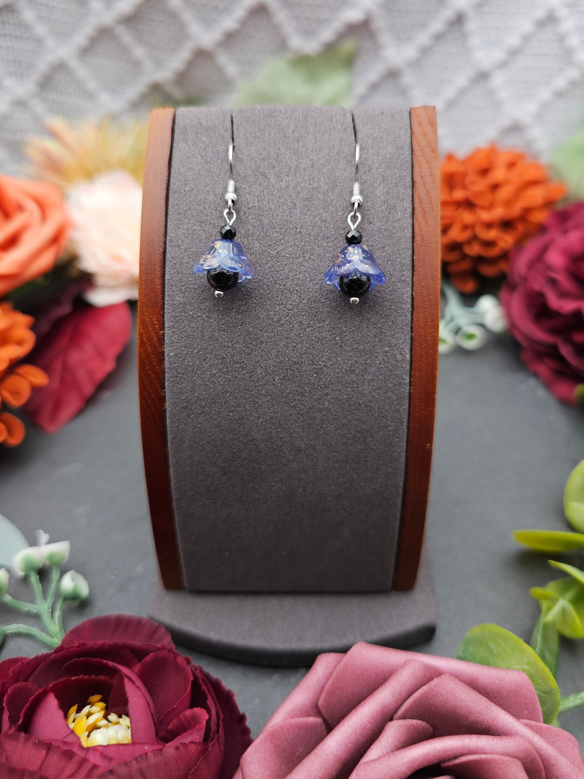Ohrringe Floral Blau | Onyx & Spinell | Edelstahl