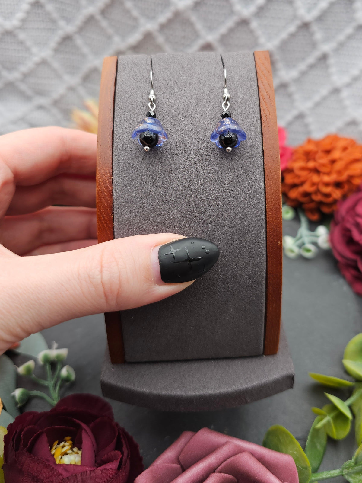 Ohrringe Floral Blau | Onyx & Spinell | Edelstahl