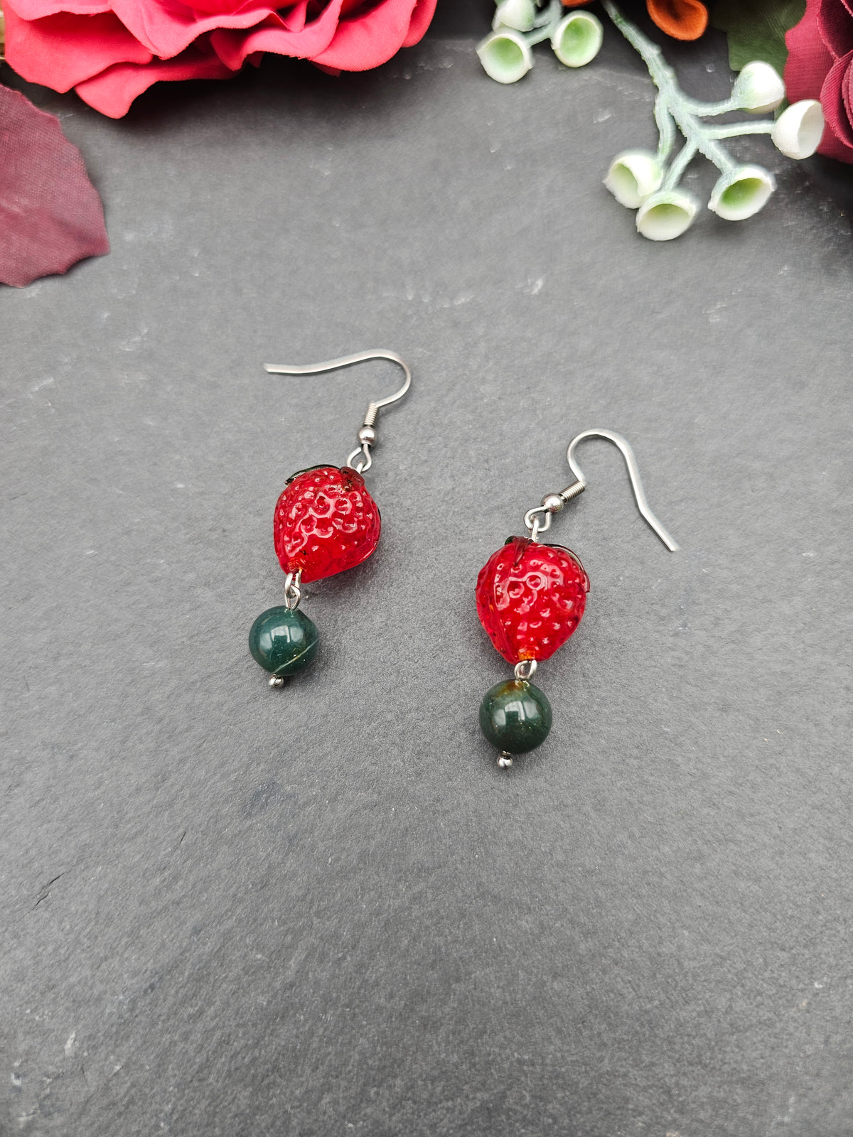 Ohrringe Erdbeeren | Moosachat | Edelstahl