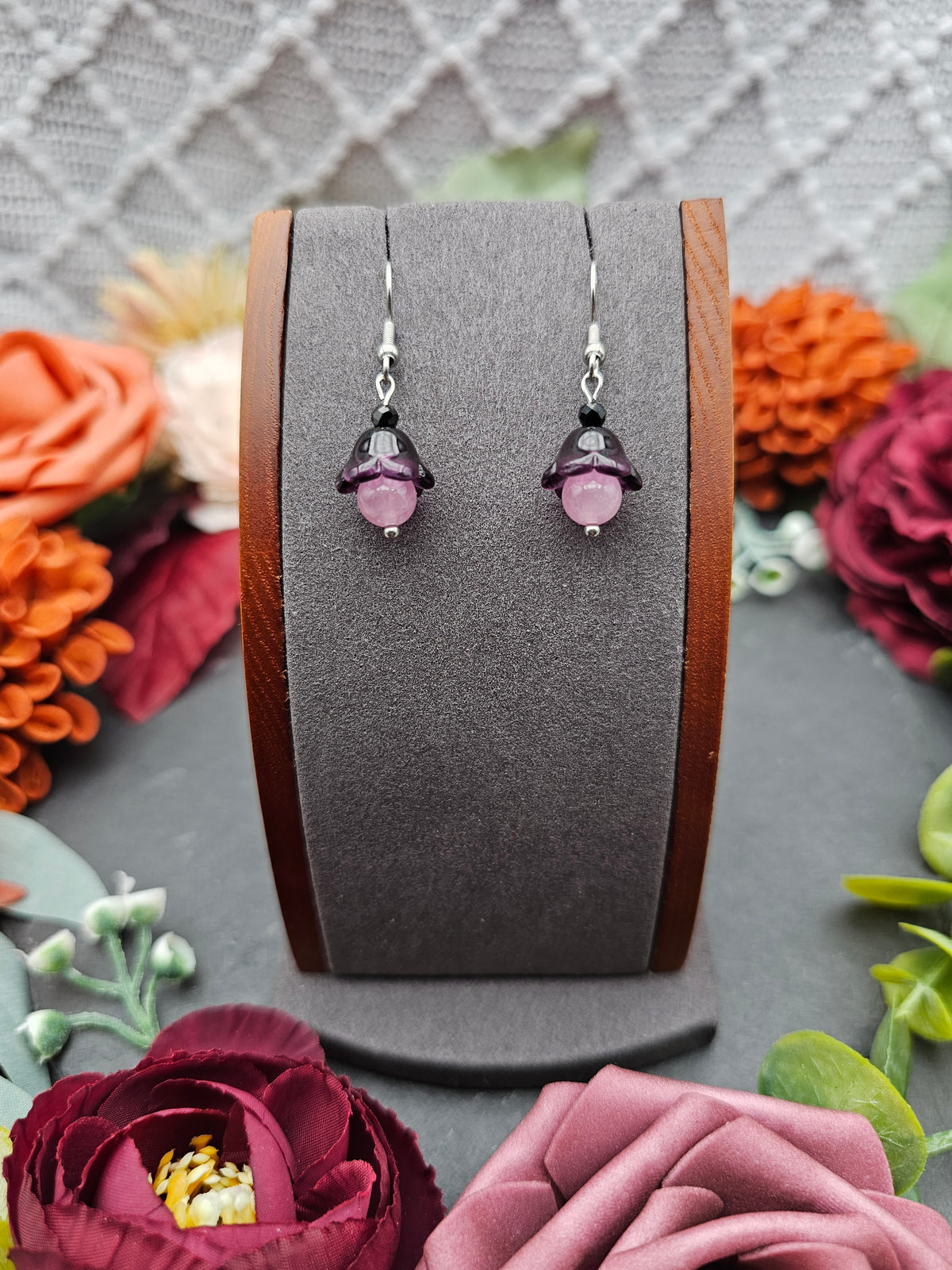 Ohrringe Floral Lila | Rosenquarz & Spinell | Edelstahl