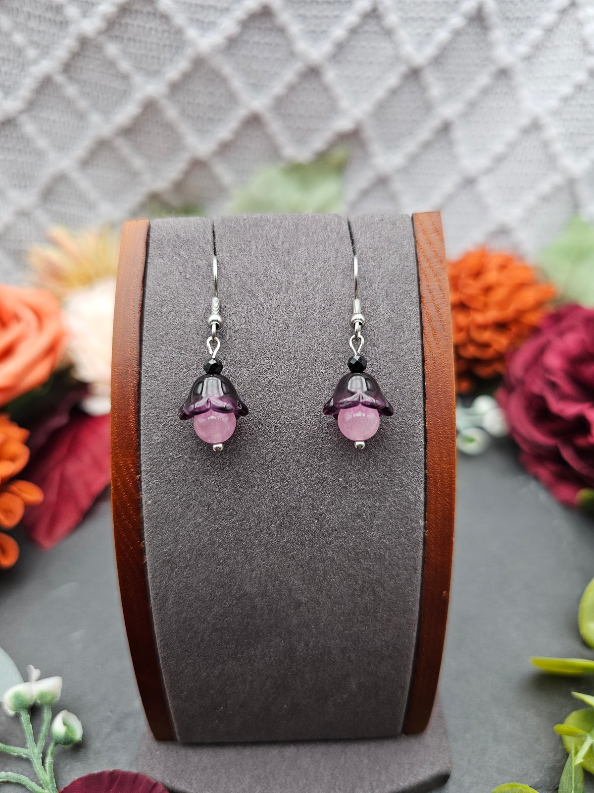 Ohrringe Floral Lila | Rosenquarz & Spinell | Edelstahl