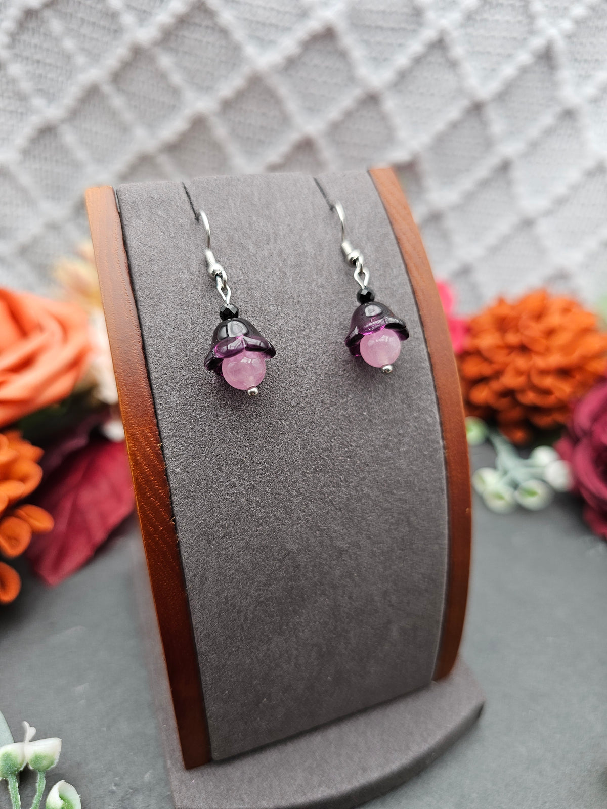 Ohrringe Floral Lila | Rosenquarz & Spinell | Edelstahl